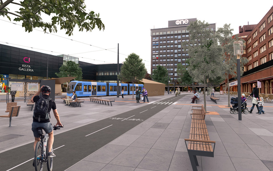Jan Stenbecks torg med Kista galleria i bakgrunden. I mitten av torget en cykelbana. Människor som cyklar, går och sitter på parkbänkar. Illustration